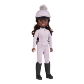 Toy rider wears lilac outfit on a white background